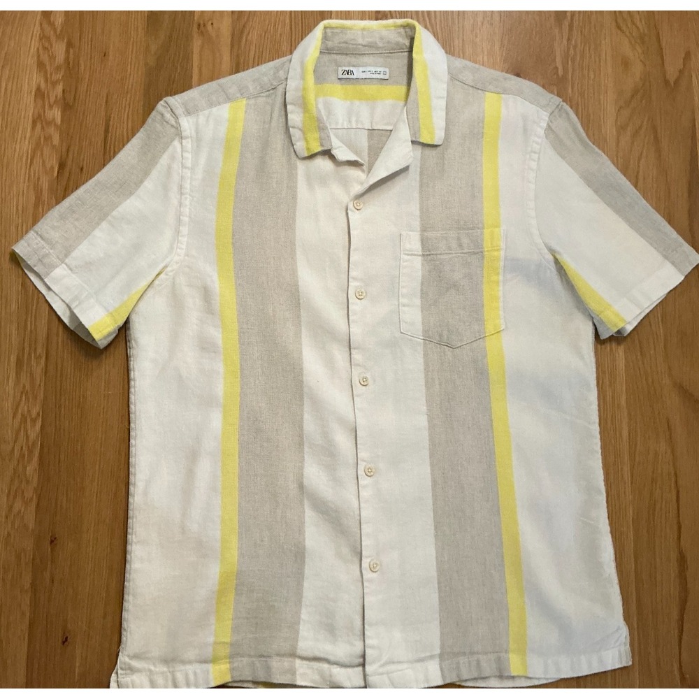 Zara Resort Shirt Mens Large Woven‎ Stripe Short Sleeve Camp Collar Beige Yellow